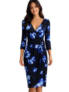 Ricki's Black Blue Floral Wrap Midi Dress Women's XL Faux Wrap Career Office